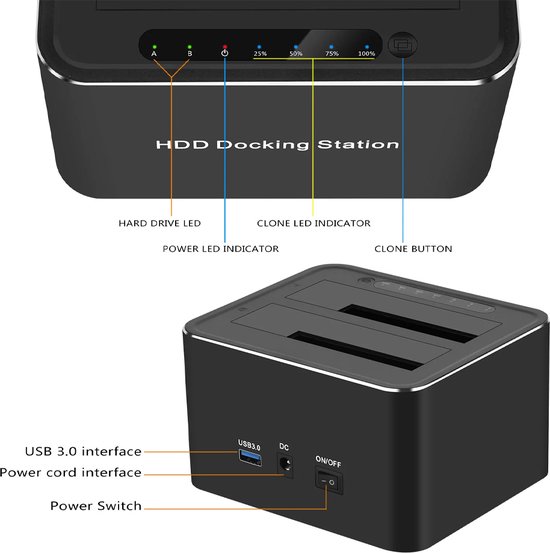 USB 3.0 docking station voor 2,5 inch/3,5 inch SATA harde schijven/SSD (tot 2 x 16 TB) met geïntegreerde SD/microSD-kaartlezer. Ondersteunt offline klonen, plug & play