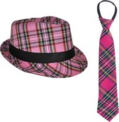 Carnaval Schotse ruit thema verkleed set - hoedje en stropdas - roze tartan - heren