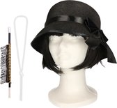 Ensemble d'accessoires de déguisement de carnaval - porte-cigarette/collier de perles/chapeau - style Charleston/années 1920
