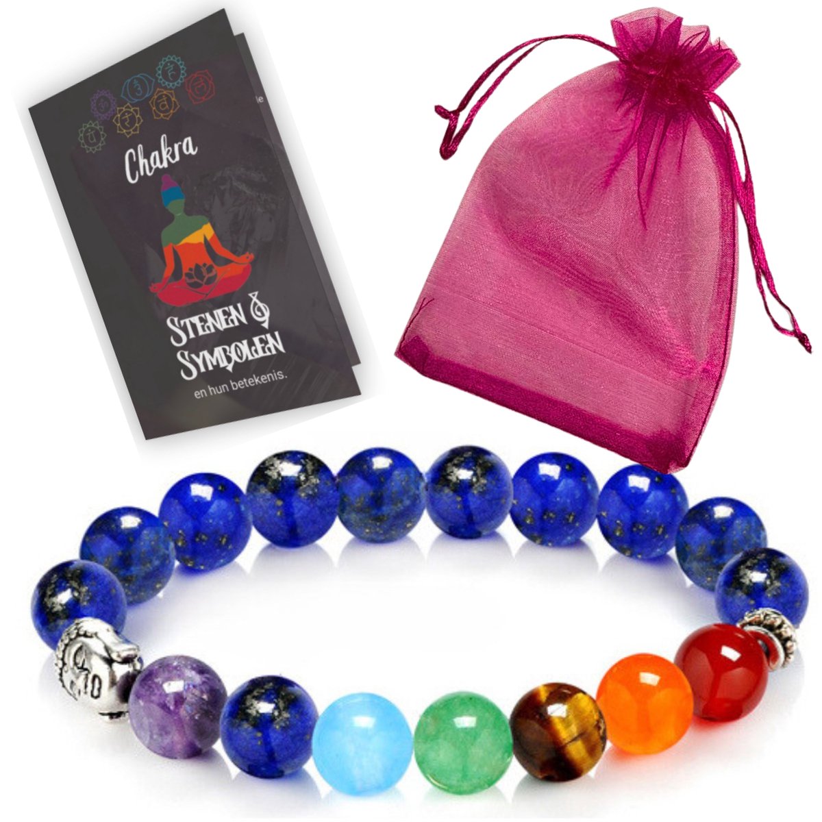 Armbandje Dames met Lapis Lazuli edelsteen, Boeddha en Chakra kralen -19CM - Blauwe Kralenarmband Buddha