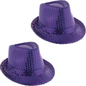 Toppers - Funny Fashion Carnaval verkleed Trilby hoedje met glitter pailletten - 2x - paars - heren/dames