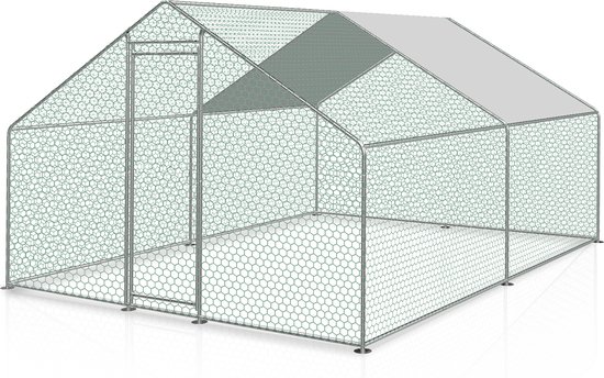 Een metalen kippenren met grijs dak, 300cm breed, 300cm diep en 166cm hoog.