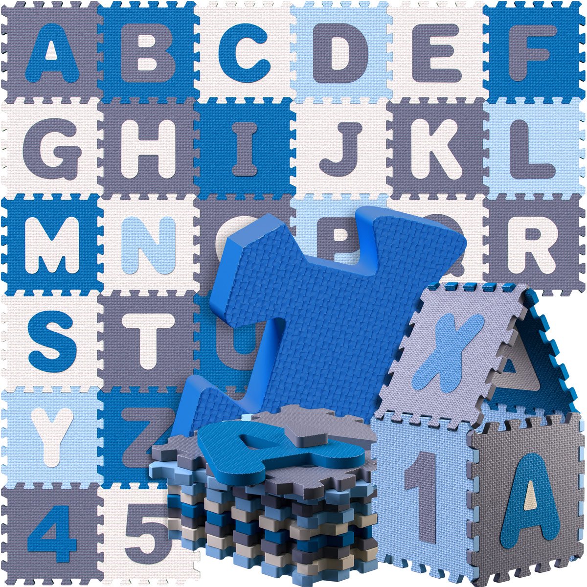 Spielwerk XXL Puzzelmat Schuim 86 Delen Cijfers Letters Blauw