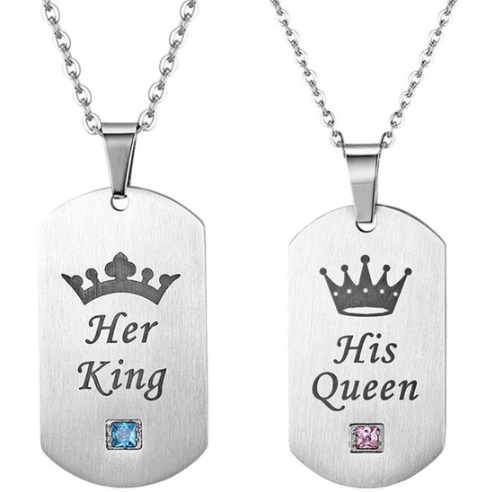 His Queen & Her King Dog Tags Ketting Set voor Hem en Haar - Zilver kleurig - Romantisch Liefdes Cadeau - Mannen Cadeautjes - Mannen Cadeautjes - Cadeau voor Man
