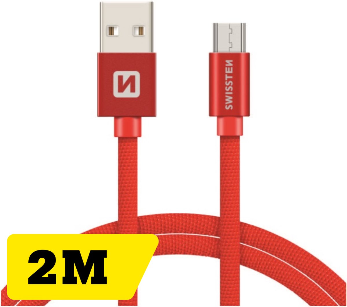 Swissten Gevlochten Micro-USB naar USB kabel - 2M - Rood