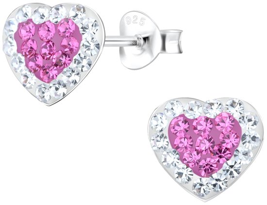 Joy|S - Zilveren hartje oorbellen - Valentijn - roze wit kristal - 9 x 8 mm