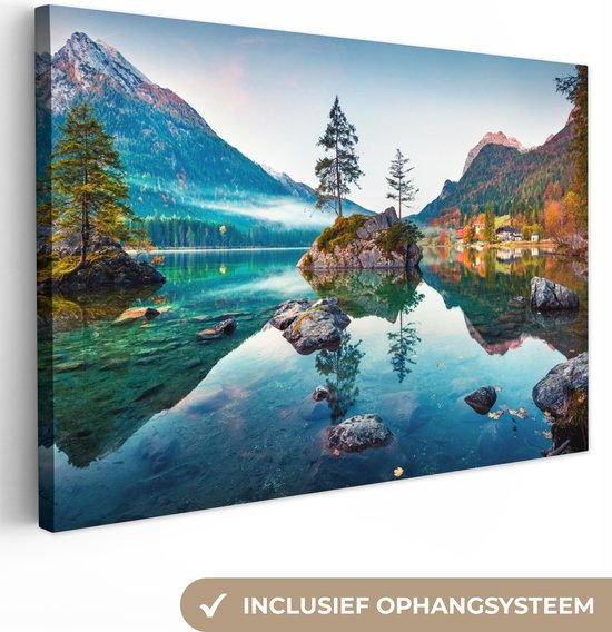 Canvas schilderij - Bomen landschap 120x80 - Kamer decoratie accessoires natuur - Meer en bergen schilderijen woonkamer - Wanddecoratie slaapkamer - Muurdecoratie keuken - Wanddoek interieur binnen - Woondecoratie huis - Woonaccessoires