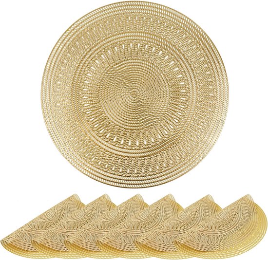 SHACOS Set van 6 placemats, rond, beige, 38 cm, wasbaar, hittebestendig, gevlochten placemats, voor bruiloft, feest, keuken, beige