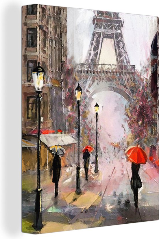 Canvas - Schilderij - Eiffeltoren - Parijs - Olieverf - Paraplu - Kunst - Schilderijen op canvas - Canvas doek - 30x40 cm - Foto op canvas - Woonkamer - Wanddecoratie