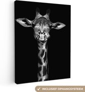 Canvas schilderij - Wilde dieren - Giraffe - Zwart - Wit - Foto op canvas - 90x120 cm - Muurdecoratie - Canvas doek