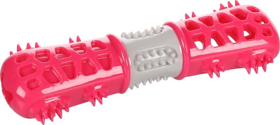 Fuchsia en grijs hondenspeeltje met spikkelpatroon.