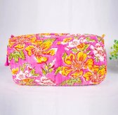 Bambooya make-up tas - Bohemian - Ibiza Style - Made in India - Tassel - roze bloemen - Small ( 17 x 12 x 7 cm )