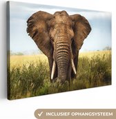 Canvas schilderij 140x90 cm - Wanddecoratie Afrikaanse olifant vooraanzicht - Muurdecoratie woonkamer - Slaapkamer decoratie - Kamer accessoires - Schilderijen