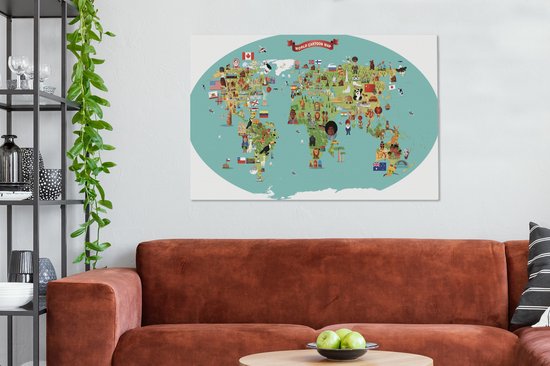 Une illustration de bande dessinée d'une carte du monde avec des chiffres sur toile 140x90 cm - Tirage photo sur toile (Décoration murale salon / chambre)