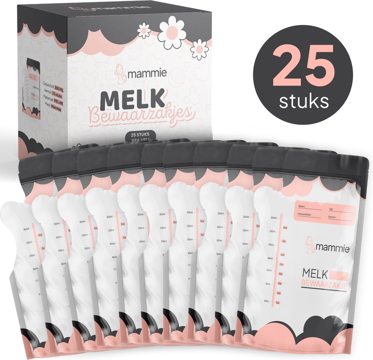 Mammie Moedermelk Bewaarzakjes met Schenktuit - Extra Groot - 300 ML - 25 stuks - Borstvoeding Bewaarzakje - BPA vrij - Mammie