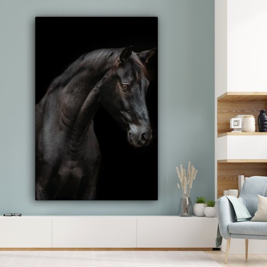 Canvas schilderij 120x180 cm - Wanddecoratie Paard - Dier - Zwart - Muurdecoratie woonkamer - Slaapkamer decoratie - Kamer accessoires - Schilderijen op canvas