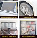 Illustraties tonen afplakfolie op auto, band, meubels en kast.