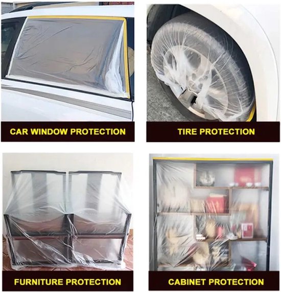 Illustraties tonen afplakfolie op auto, band, meubels en kast.