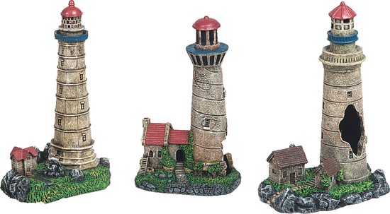 Flamingo Aquarium decoratie Vuurtoren Met Huis - Willekeurig - 10 x 6.5 x 16 cm