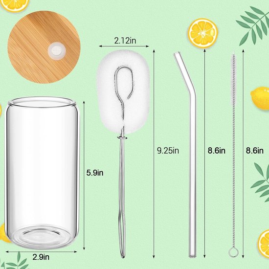4-pack kan glazen set met handvat, 24 oz Mason Jar met bamboe deksels en glazen rietjes kunnen gevormde glazen kopjes, drinkglazen, pint-glazen voor smoothies, thee, cola, sap, frisdrank (4 stuks