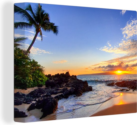 Canvas schilderij 160x120 cm - Wanddecoratie Strand - Zee - Zonsondergang - Hawaii - Muurdecoratie woonkamer - Slaapkamer decoratie - Kamer accessoires - Schilderijen