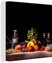 Stilleven schilderij - Eten en drinken - Tafel - Kleed - Wijn - Canvas stilleven - Schilderij stilleven - Wanddecoratie - 50x50 cm