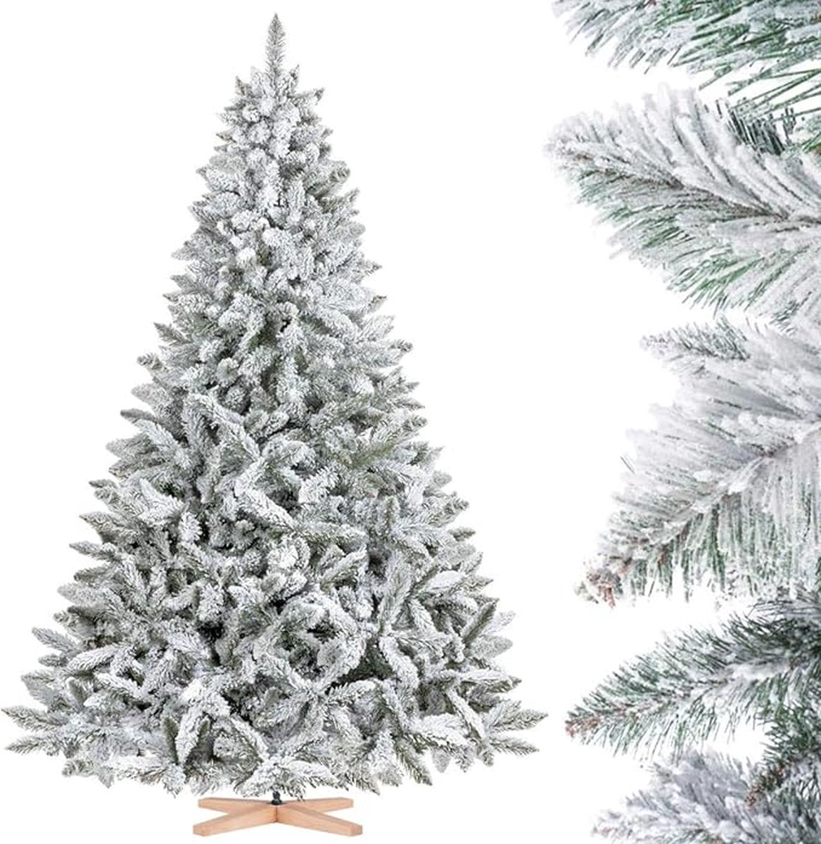 Kunstkerstboom sparren, natuurlijk wit met sneeuwvlokken, materiaal PVC, incl. houten standaard, 220 cm, FT13-220
