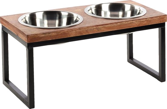 Flamingo Voerbakken Tommy Duo Dinner - Mangohout - Zwart - Inox - 60x28x28.5cm - 2700ML