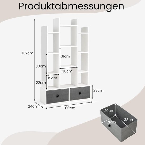COSTWAY Boekenkast met lade, 8 verdiepingen, staand rek, boomvorm, cd- en dvd-plank, voor slaapkamer, woonkamer en thuiskantoor, 38 x 21,5 x 149,5 cm (rustiek bruin