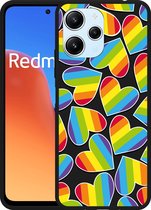 Cazy Hoesje Zwart geschikt voor Xiaomi Redmi 12 4G Regenboog Hartjes