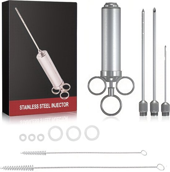 BBQ Vlees Injector Spuit met 3 Marinade Naalden, Professionele Pekel Voedsel Spuit voor Cajun Knoflook, De RVS (zilver