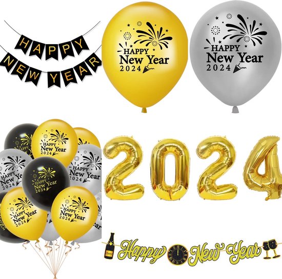 Set 15 pièces Happy Year 2024 avec banderoles et ballons divers
