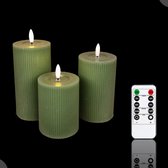 Meisterhome – 3 x Led Stompkaars Ribbel - Groen – Stompkaars Echte wax - Led kaarsen - 10 / 12.5 / 15 cm Hoog - Met afstandsbediening – Timer 2/4/6/8 uur - Dimbaar