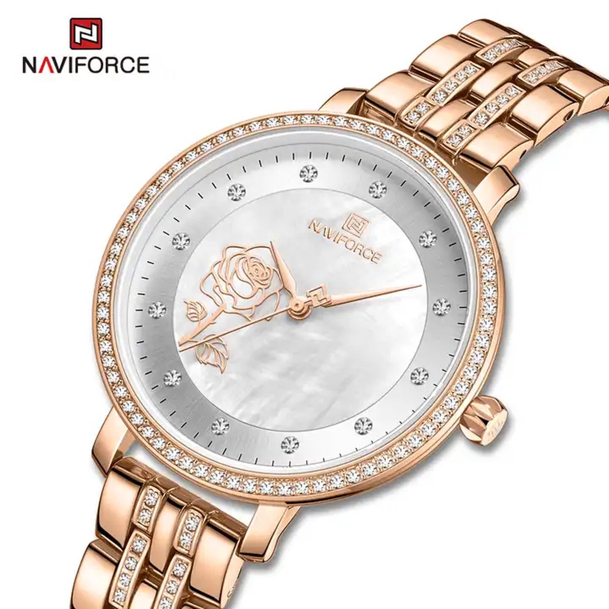 NAVIFORCE horloge met kristal diamantjes , gouden stalen polsband, witte wijzerplaat, gouden horlogekast en wijzers, voor dames met stijl ( model 5017 RGW )