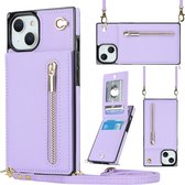 Geschikt Voor iPhone 15 Plus Hoesje Met Koord - Solidenz Portemonnee Hoes - Telefoonhoesje Met Koord - Wallet Case - Cover Hoes Met Koordje - Backcover Met Koord - Paars