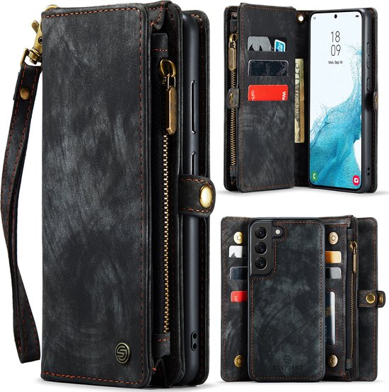 Geschikt Voor Samsung Galaxy S22 Hoesje - Solidenz Wallet Case S22 - Telefoonhoesje S22 - S22 Case Met Pasjeshouder - Met Ritsvak - Met Polskoord - Portemonee Hoes - Zwart