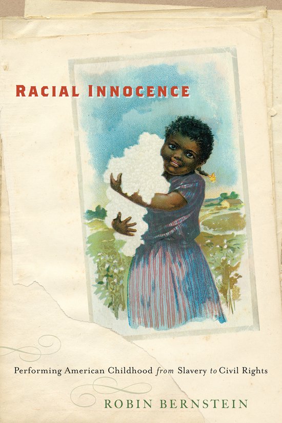 Boekomslag met een illustratie van een lachend zwart meisje met vlechten dat een bos katoen vasthoudt. Titel: RACIAL INNOCENCE.