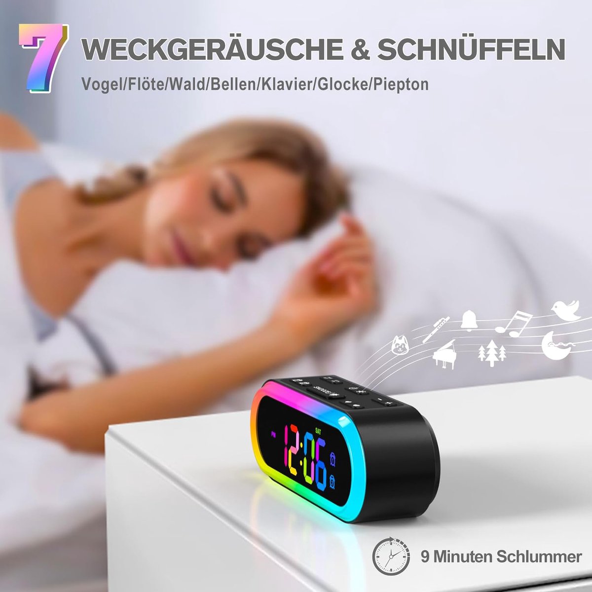 Digitale wekker voor kinderen met 7 kleuren nachtlampje, LED-weergave