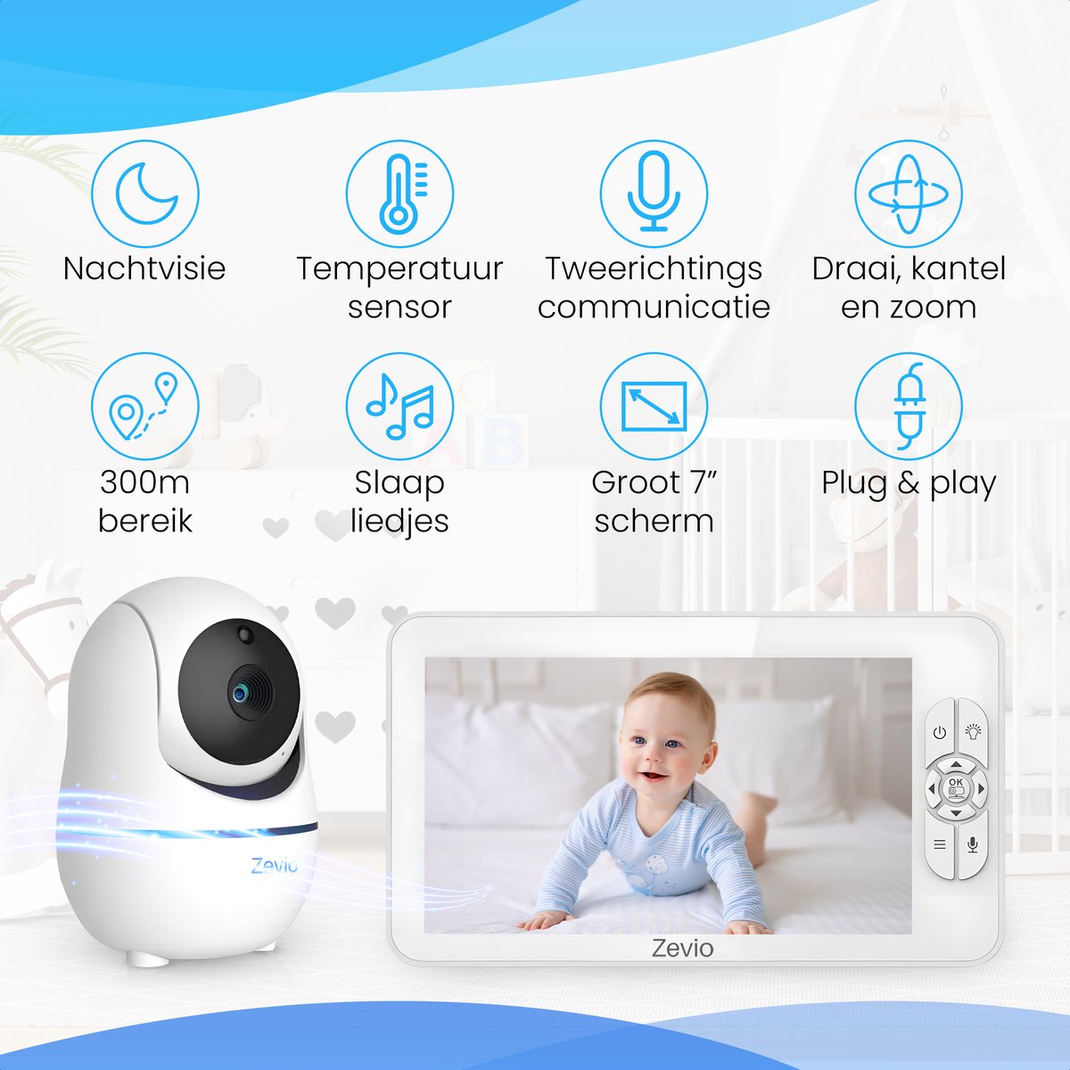 Afbeelding 3 van Zevio XL Elite Babyfoon met 2 Camera's en Groot 7 Inch HD Baby Monitor - met Slimme Functies - Uitbreidbaar - Baby Camera - Inclusief Flexibele Houders