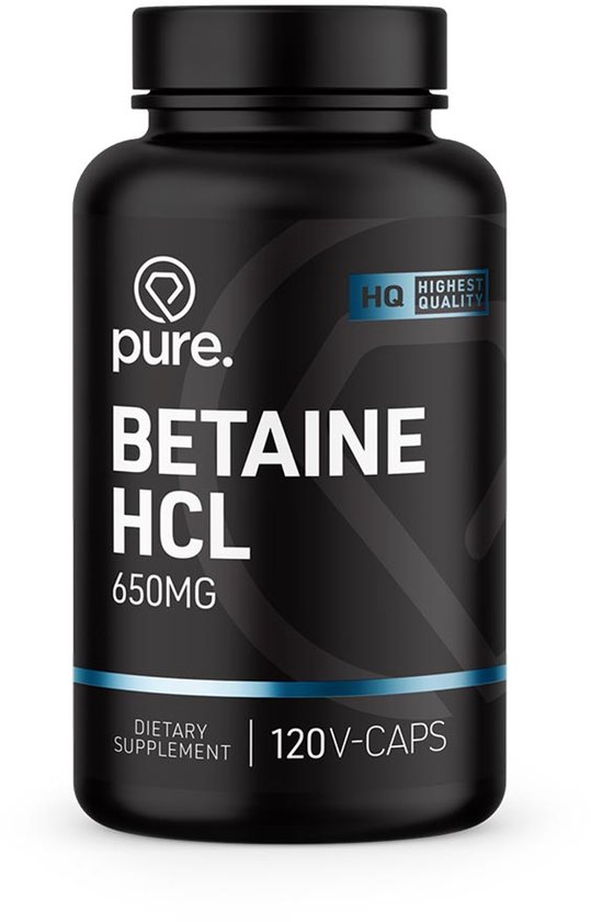Zwarte pot met 'pure. Betaine HCL 650MG 120V-CAPS' etiket.