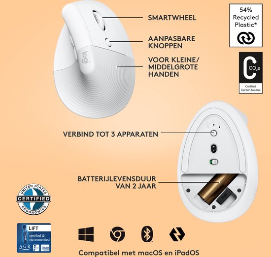 Logitech Lift - Verticale ergonomische muis - Rechtshandig - Wit