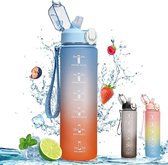 Drinkfles, 1 liter, waterfles met tijdmarkeringen en rietje, lekvrij, BPA-vrij, sportdrinkfles voor school, fiets, buiten, reizen, yoga, fitness (blauw)