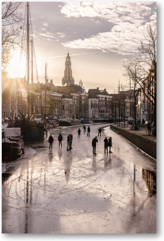 IJspret bij de Aa-kerk - Groningse Grachtenglijders - Foto op Dibond