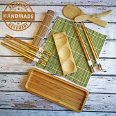 Sushi Maken Kit 11-delig - Bamboo Starter Sushi Set rolmat en serveerset – Sushi servies voor thuis - 2 matten, 5 paar eetstokjes met zak, strooier, serveerschaal, triplet sausschotel met E-Book