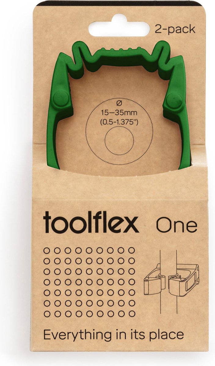 Toolflex One 2-Pack Gereedschapshouders met Groene Adapter Geschikt voor Ø15-35 mm Gereedschappen Muurbevestiging met Veilige Installatiekit Ruimtebesparend en Veilig Exclusief voor One en