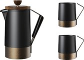 DHPO Koffie Set Duke - Zwart - H20 x Ø10 - Hooggebakken Keramiek - RVS - Dubbelwandig - Druppelloze tuit - Verse Koffiemaker - Cafetiere - Percolator - Zet 3 kopjes verse koffie - Cadeauset