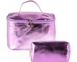 Nouka Paarse Dames & Meisjes Toilet Etui Set - Toilettas – Metallic - Beauty Case – Make Up Tas / Tasje – Grote Inhoud - PU Leer – Klein – Cadeau voor Vrouwen - Cadeau voor Kinderen – Cadeau voor Meisjes