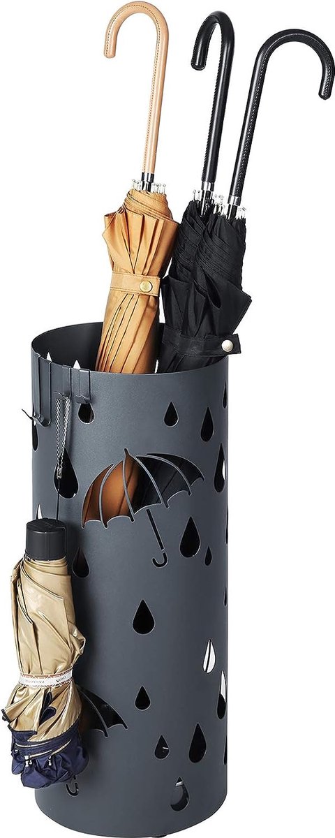 Metalen parapluhouder met waterbak en haken 19 5 x 49 cm (Dia. x H) rond mat antraciet grijs