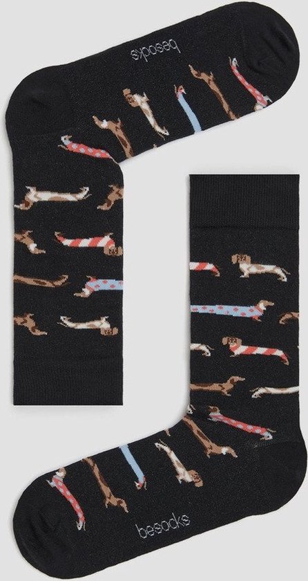 Grappige Sokken Zwart met Teckels in Bio katoen maat 41-46 - Teckels - Zacht - Trendy geschenk - Trendy Cadeau - Verjaardag - Geschenk