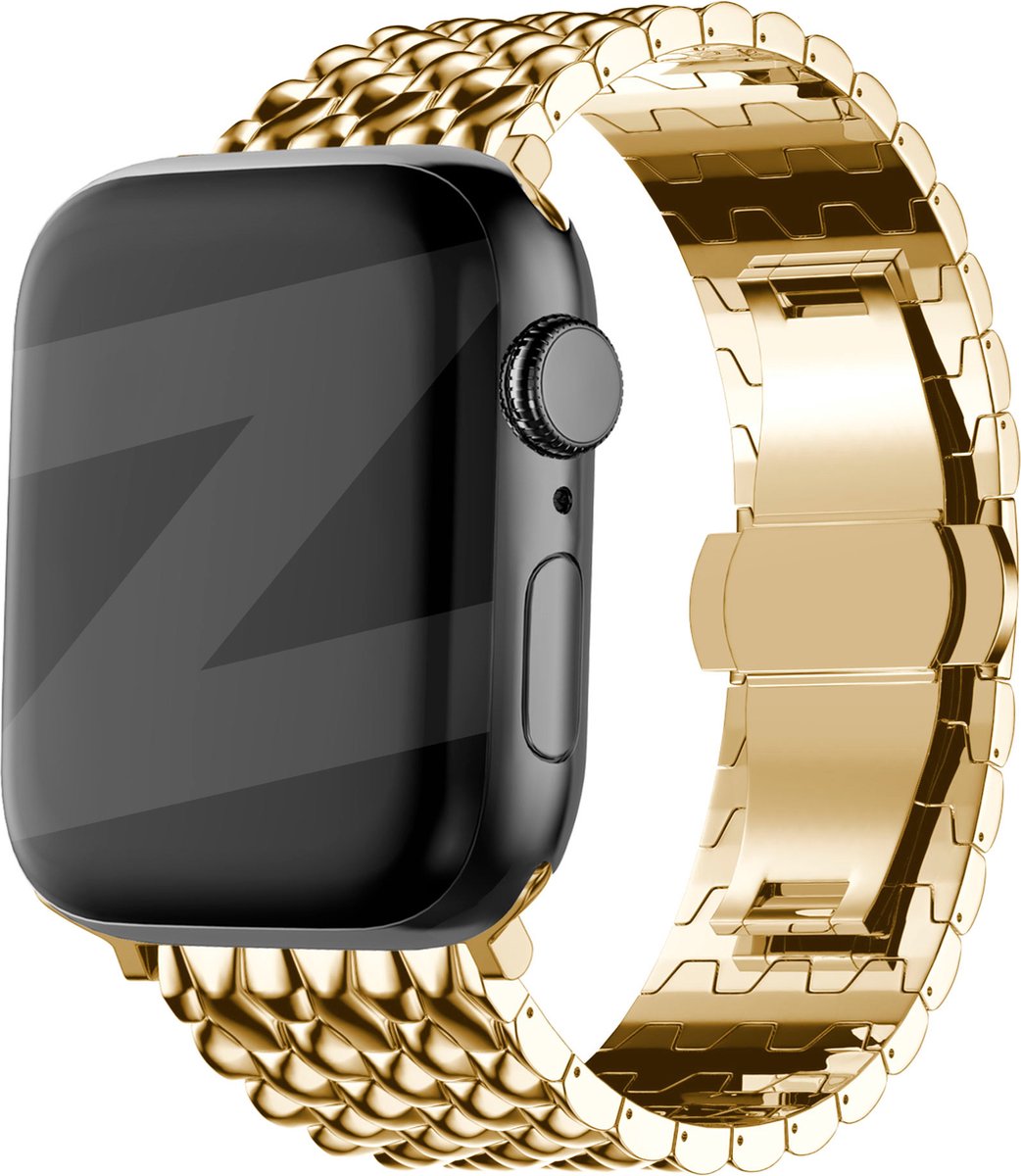 Bandz stalen band 'Dragon' geschikt voor Apple Watch 1/2/3/4/5/6/8/9/10/11/SE(2-3)/Ultra(2-3) - maat: 44mm / 45mm / 46mm / 49mm - Hoogwaardig stalen materiaal smartwatch bandje - Inclusief inkortset - gouden metalen Apple Watch bandje